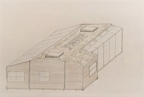 Design af vores kolonihavehus tegnet i 3D, tegnet med blyant.